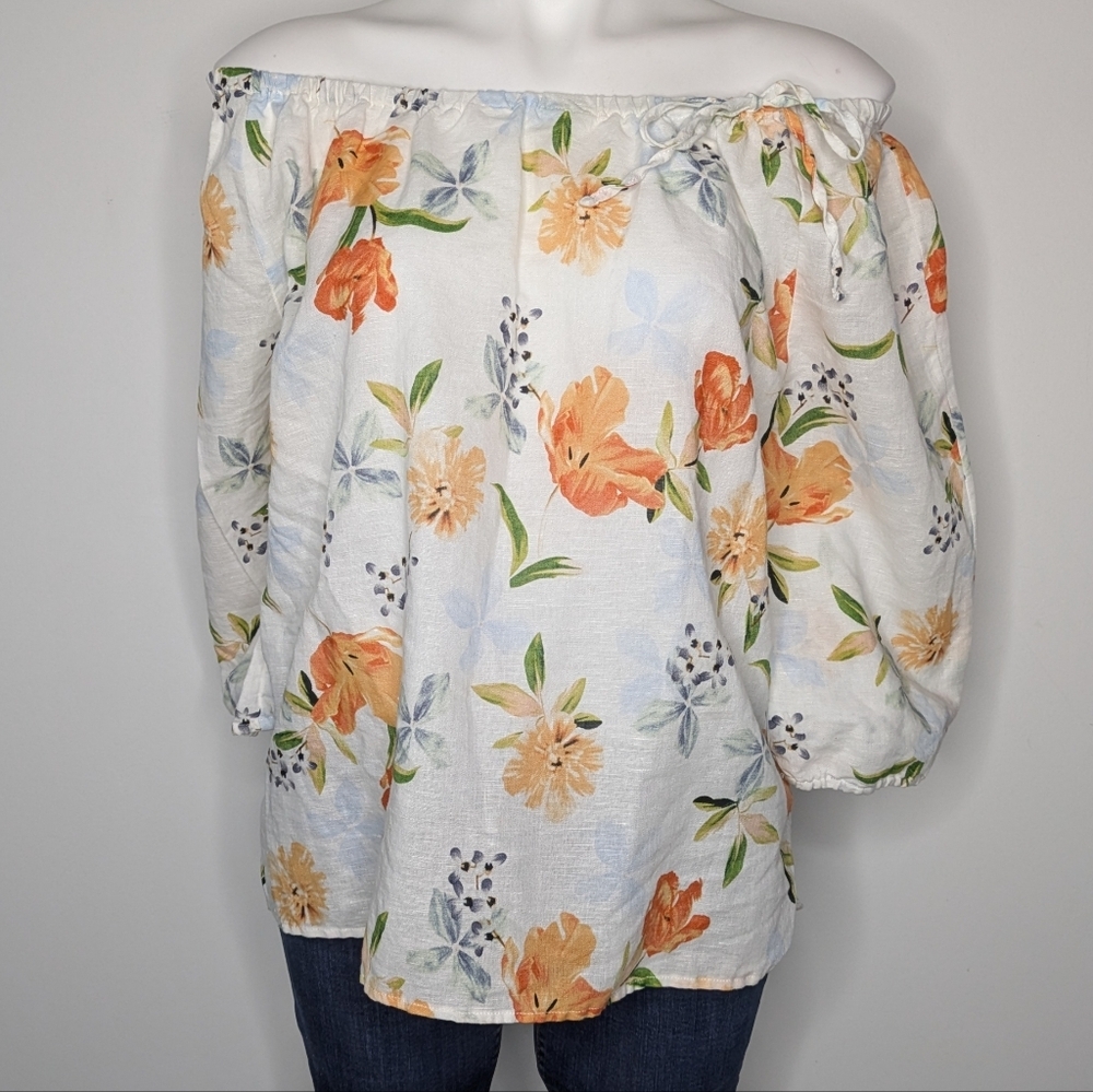 Hester & Orchard White Orange Blue Floral Linen Cotton Off The Shoulder Top L